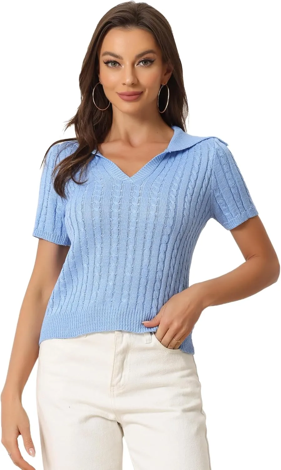 Allegra K Women's Crop Top Sweater Collared Ribbed Top V Neck Short Sleeve Cable Knit Polo Sweater