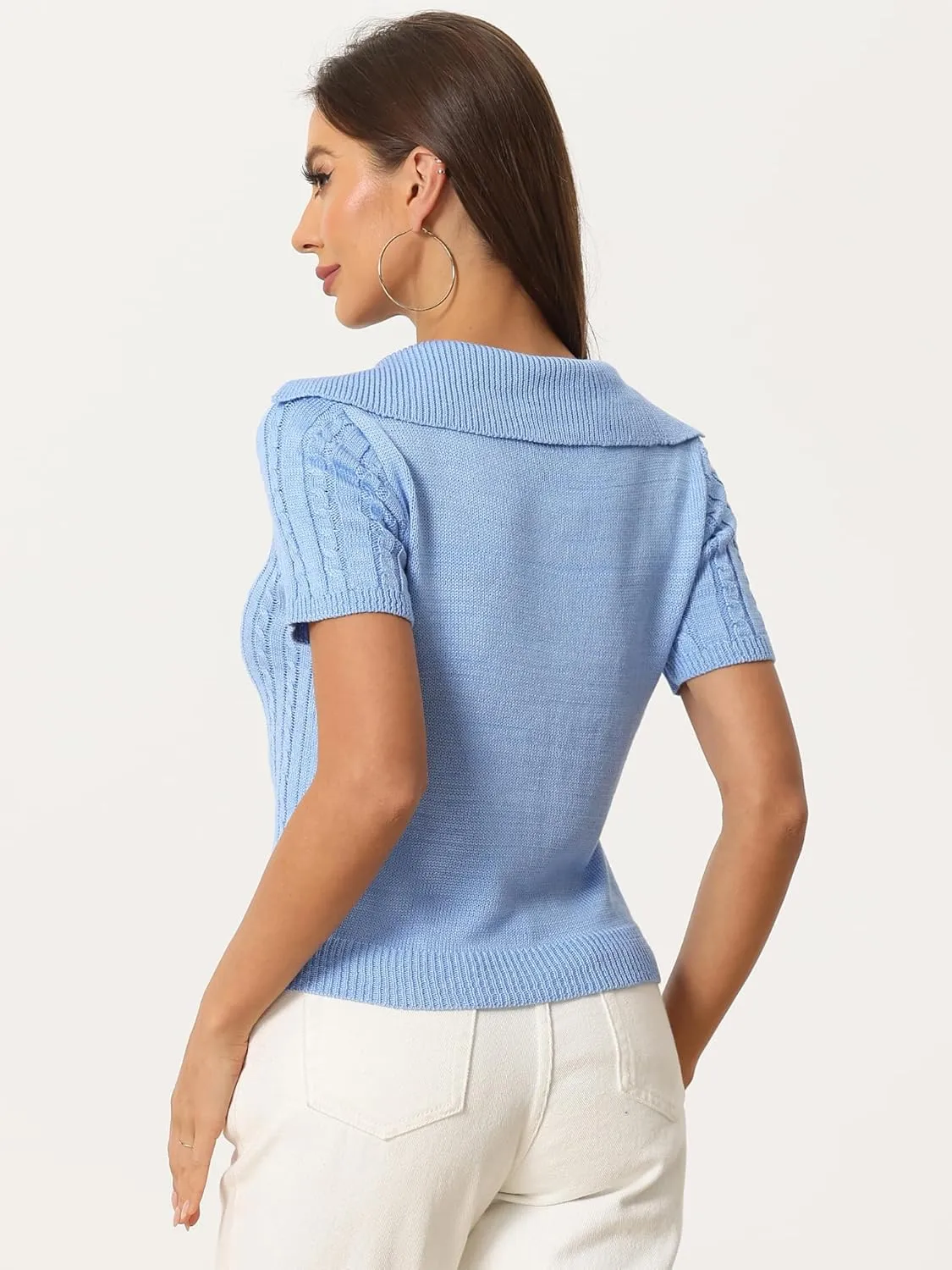 Allegra K Women's Crop Top Sweater Collared Ribbed Top V Neck Short Sleeve Cable Knit Polo Sweater