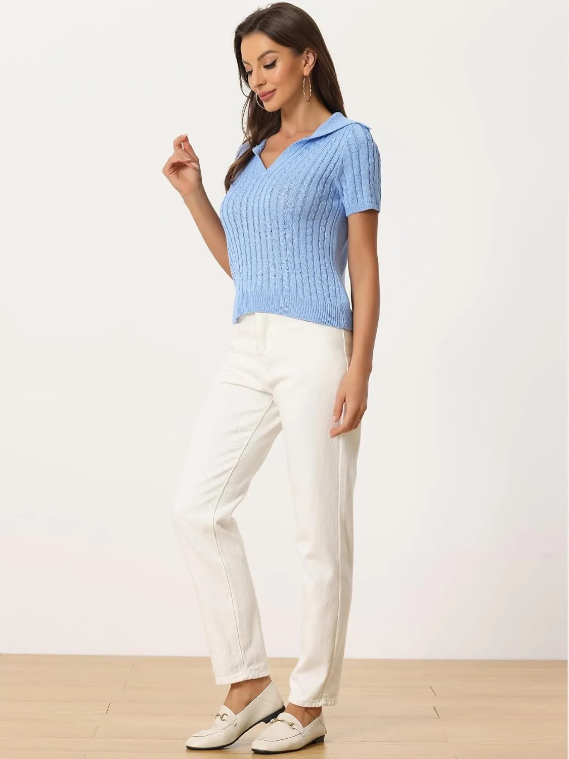 Allegra K Women's Crop Top Sweater Collared Ribbed Top V Neck Short Sleeve Cable Knit Polo Sweater
