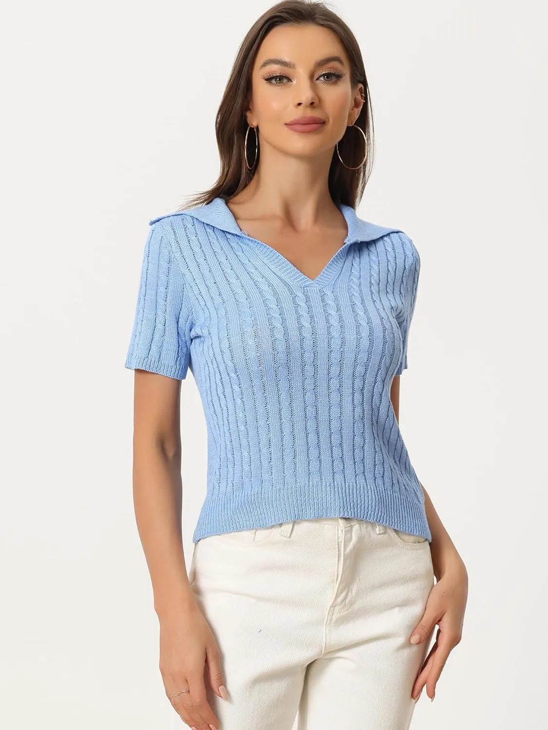 Allegra K Women's Crop Top Sweater Collared Ribbed Top V Neck Short Sleeve Cable Knit Polo Sweater