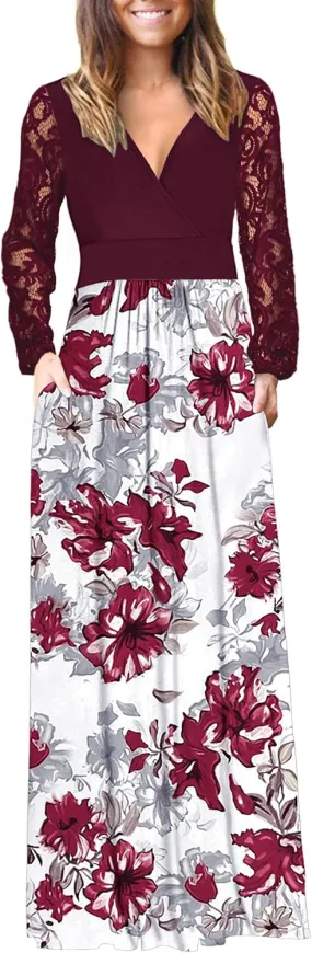 AUSELILY Womens Long Sleeve Maxi Dress 2025 Fall Lace Sleeve Dress V Neck Wrap Waist Long Dresses with Pockets