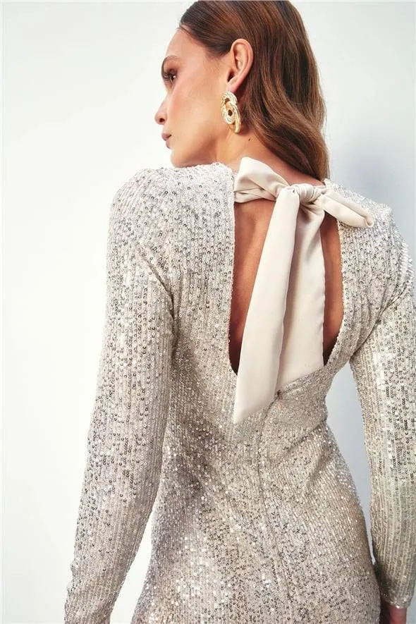 Backless with Bow Ribbon Sequined Long Sleeve Dress - Light Beige