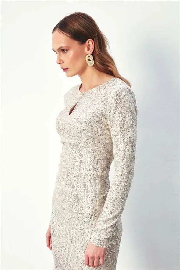 Backless with Bow Ribbon Sequined Long Sleeve Dress - Light Beige