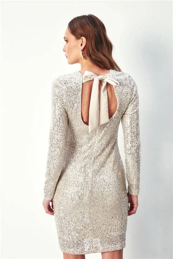 Backless with Bow Ribbon Sequined Long Sleeve Dress - Light Beige