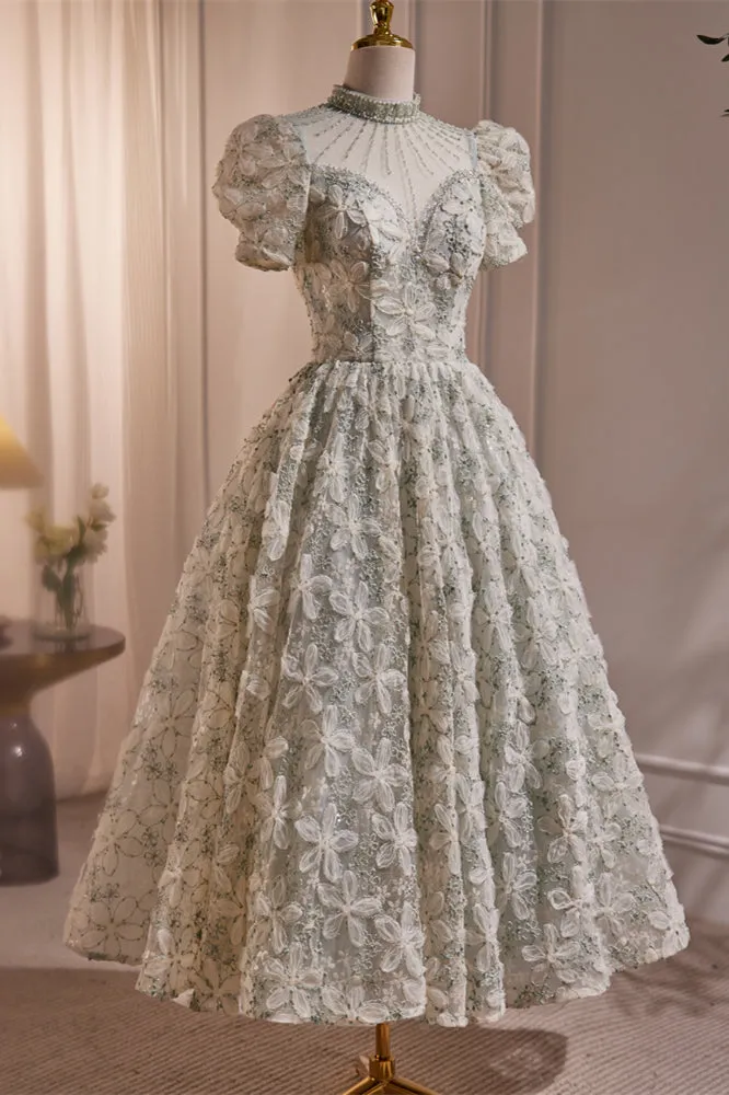 Beaded High Neck 3D Lace Light Green Party Dress