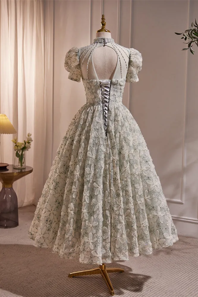 Beaded High Neck 3D Lace Light Green Party Dress