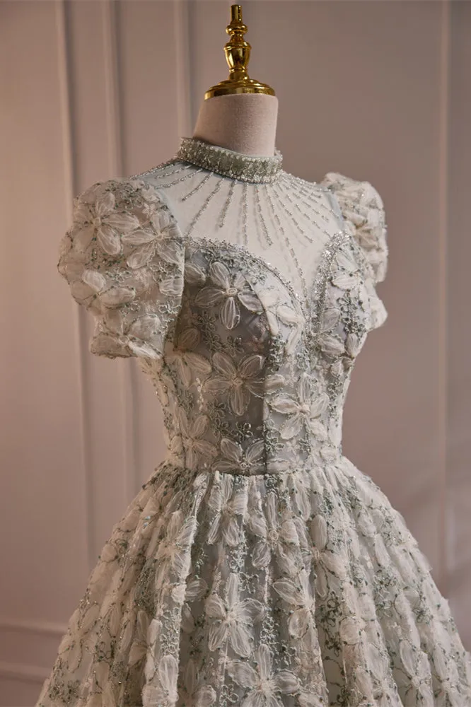 Beaded High Neck 3D Lace Light Green Party Dress