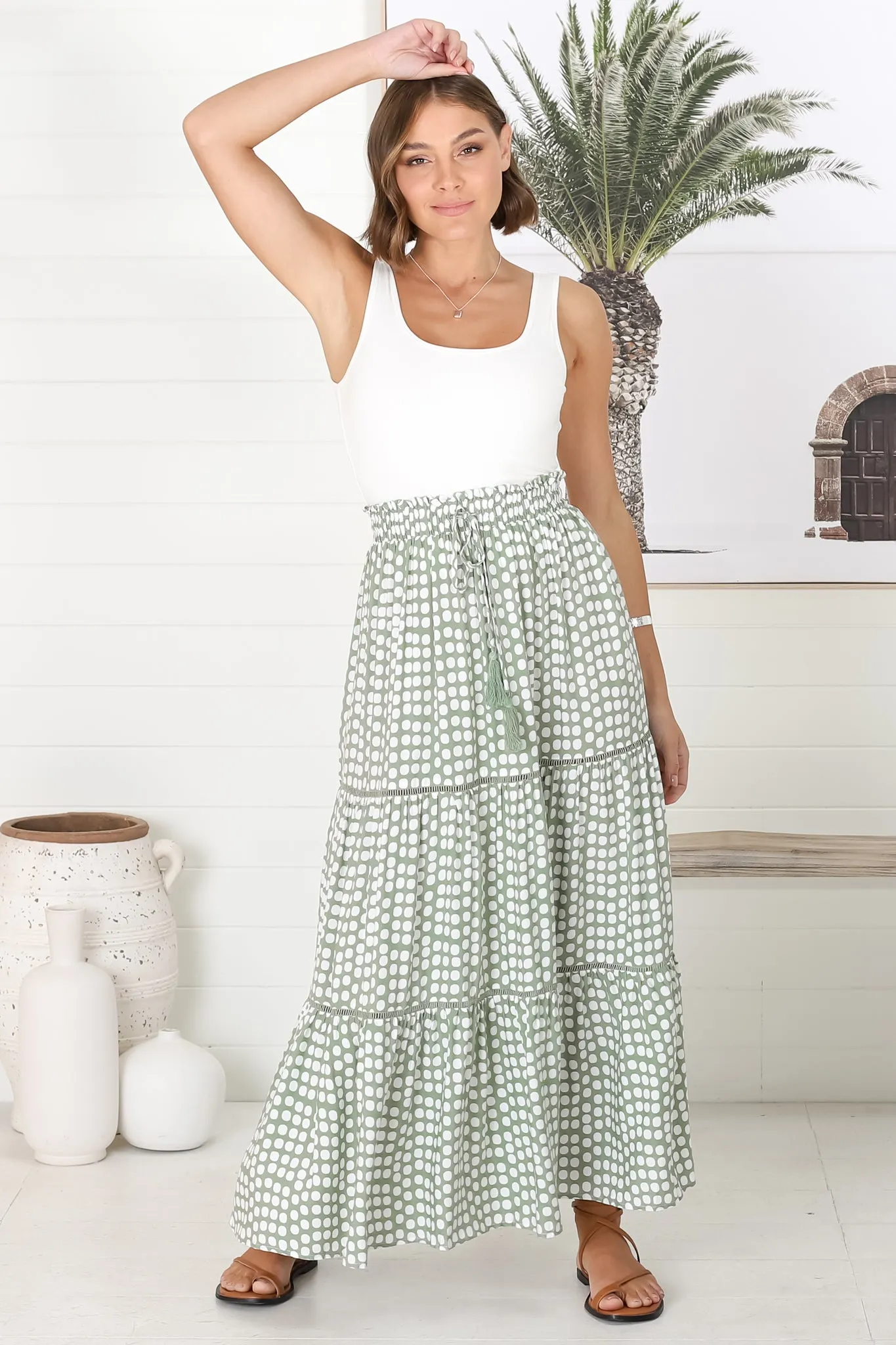 Billy Maxi Skirt - Tiered Crochet Insert Skirt in Maryanne Print Green