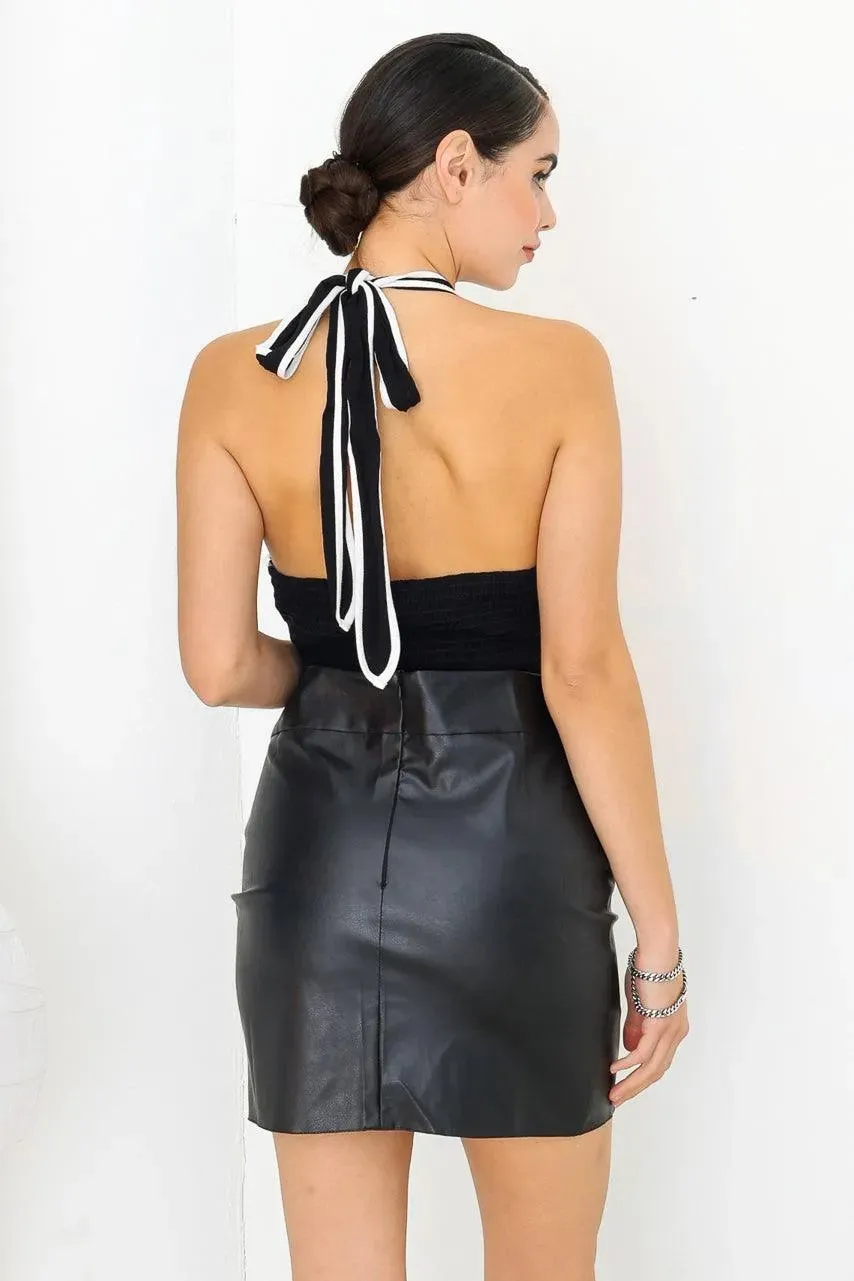 Black & White V-Neck Self-Tie Smocked Back Crop Top /3-2-1
