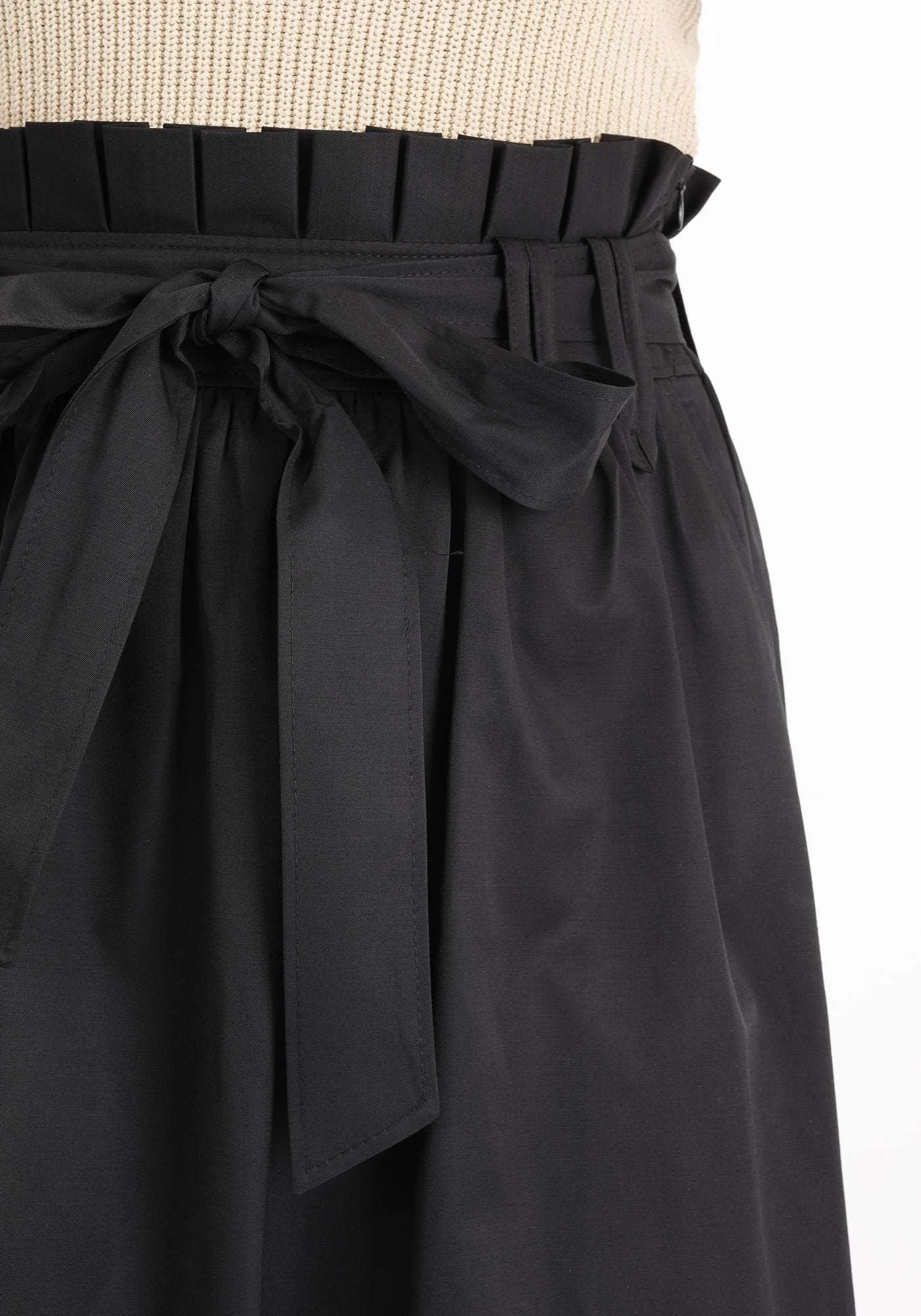 Black Paper Bag Belted Flare Skirt - G-Line