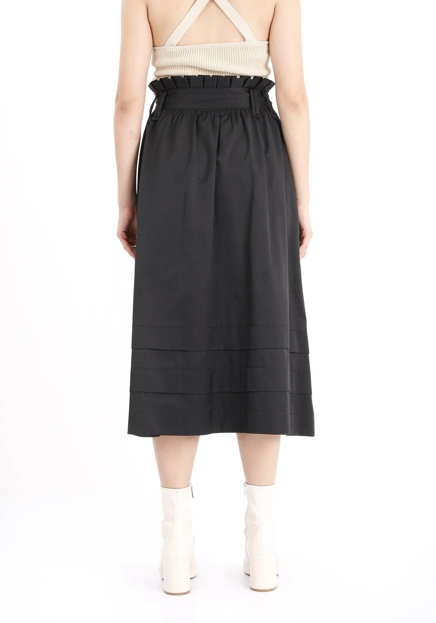 Black Paper Bag Belted Flare Skirt - G-Line