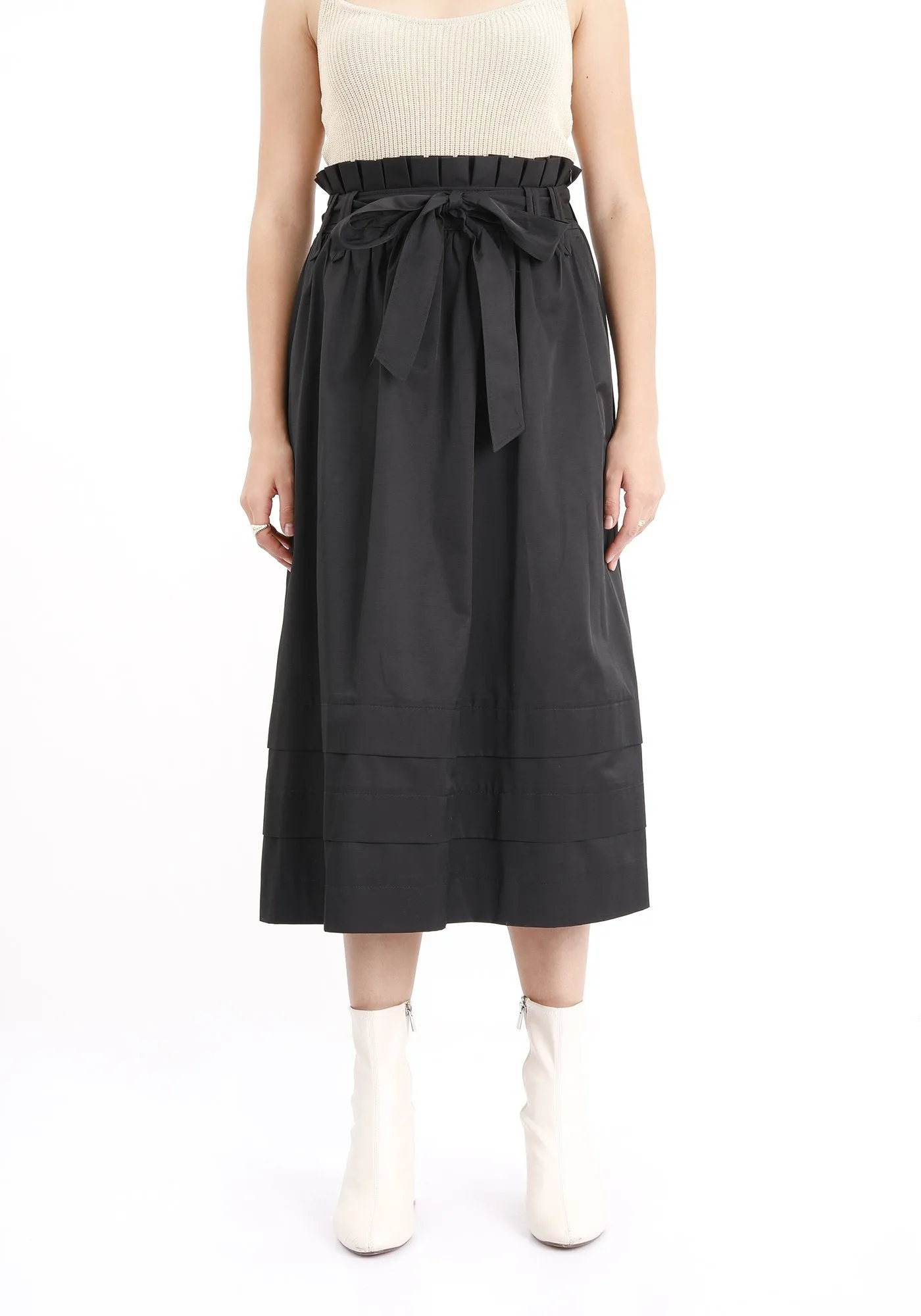 Black Paper Bag Belted Flare Skirt - G-Line