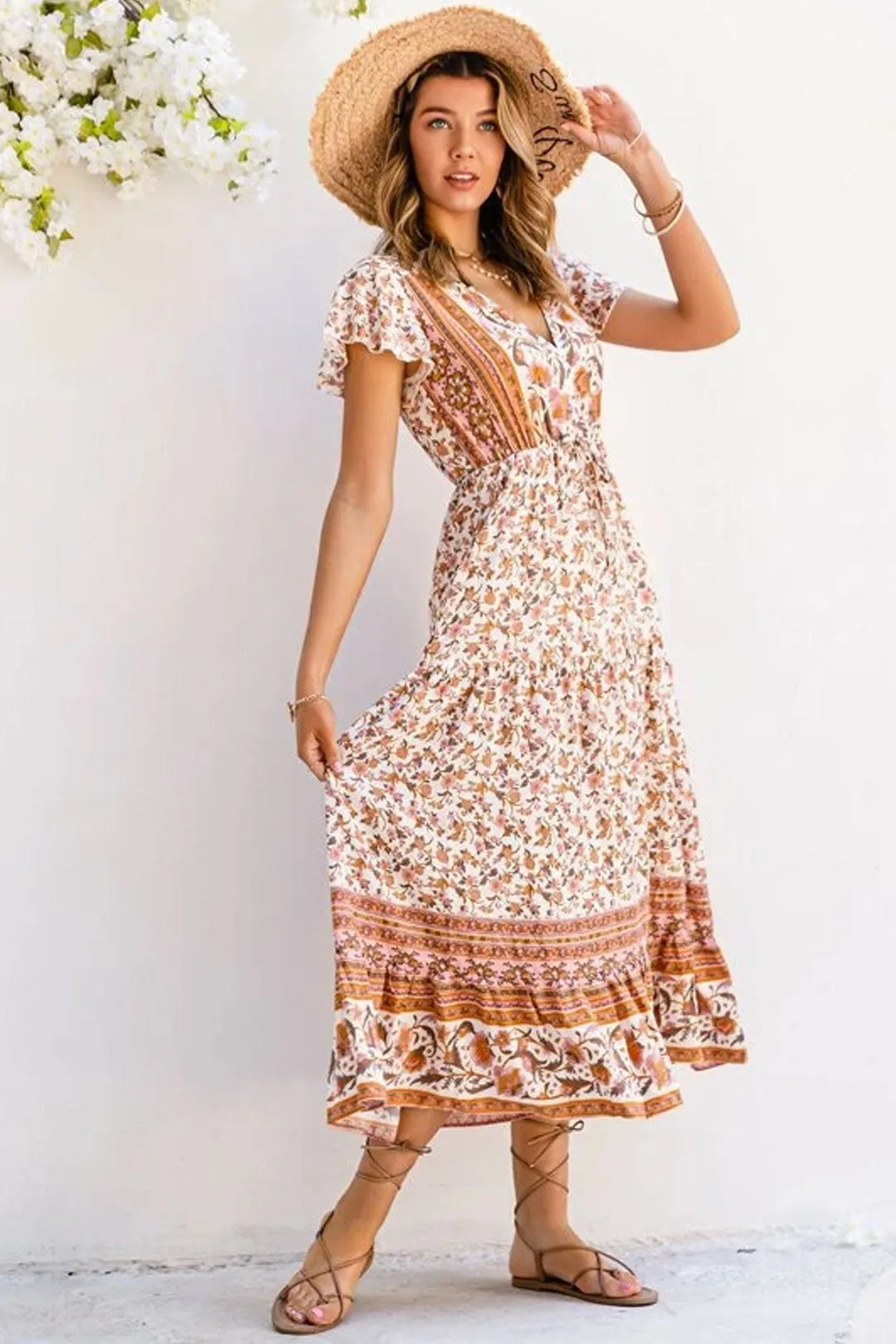 Boho Maxi Dress, Sundress, Orange Cantaloupe