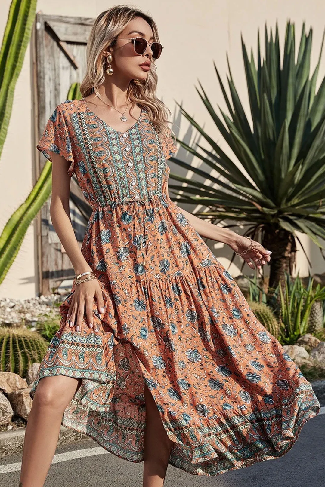 Boho Maxi Dress, Sundress, Orange Cantaloupe