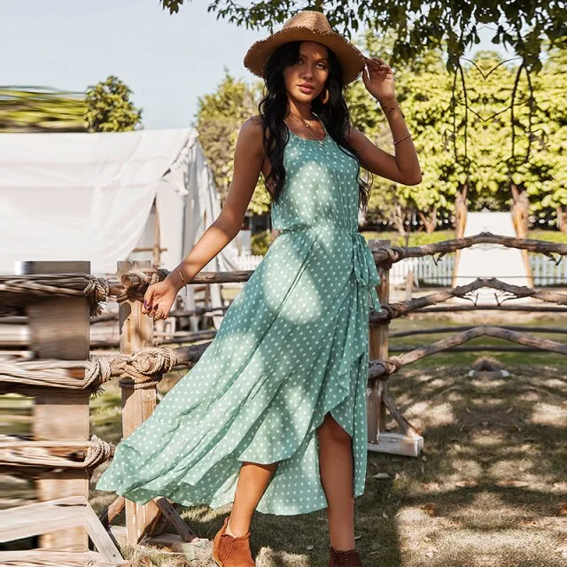 Boho Midi Dress, Strappy Sundress, Devika Green Polka Dot