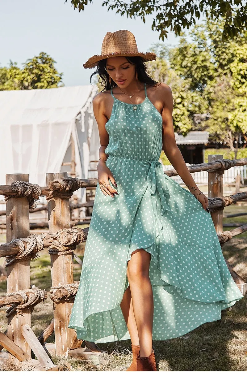 Boho Midi Dress, Strappy Sundress, Devika Green Polka Dot