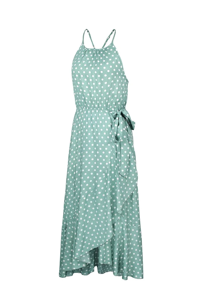 Boho Midi Dress, Strappy Sundress, Devika Green Polka Dot