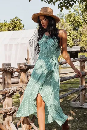 Boho Midi Dress, Strappy Sundress, Devika Green Polka Dot