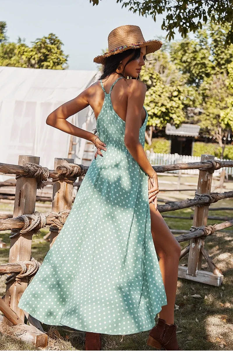 Boho Midi Dress, Strappy Sundress, Devika Green Polka Dot