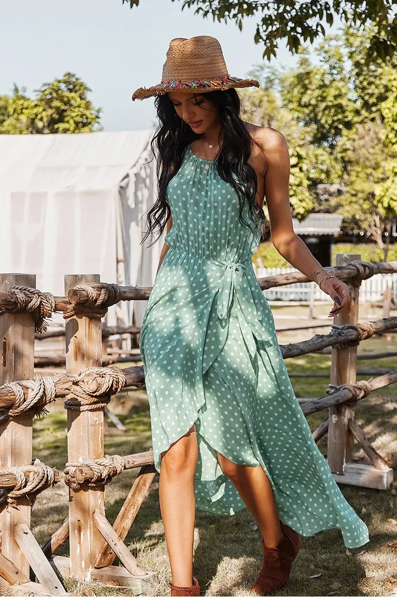 Boho Midi Dress, Strappy Sundress, Devika Green Polka Dot