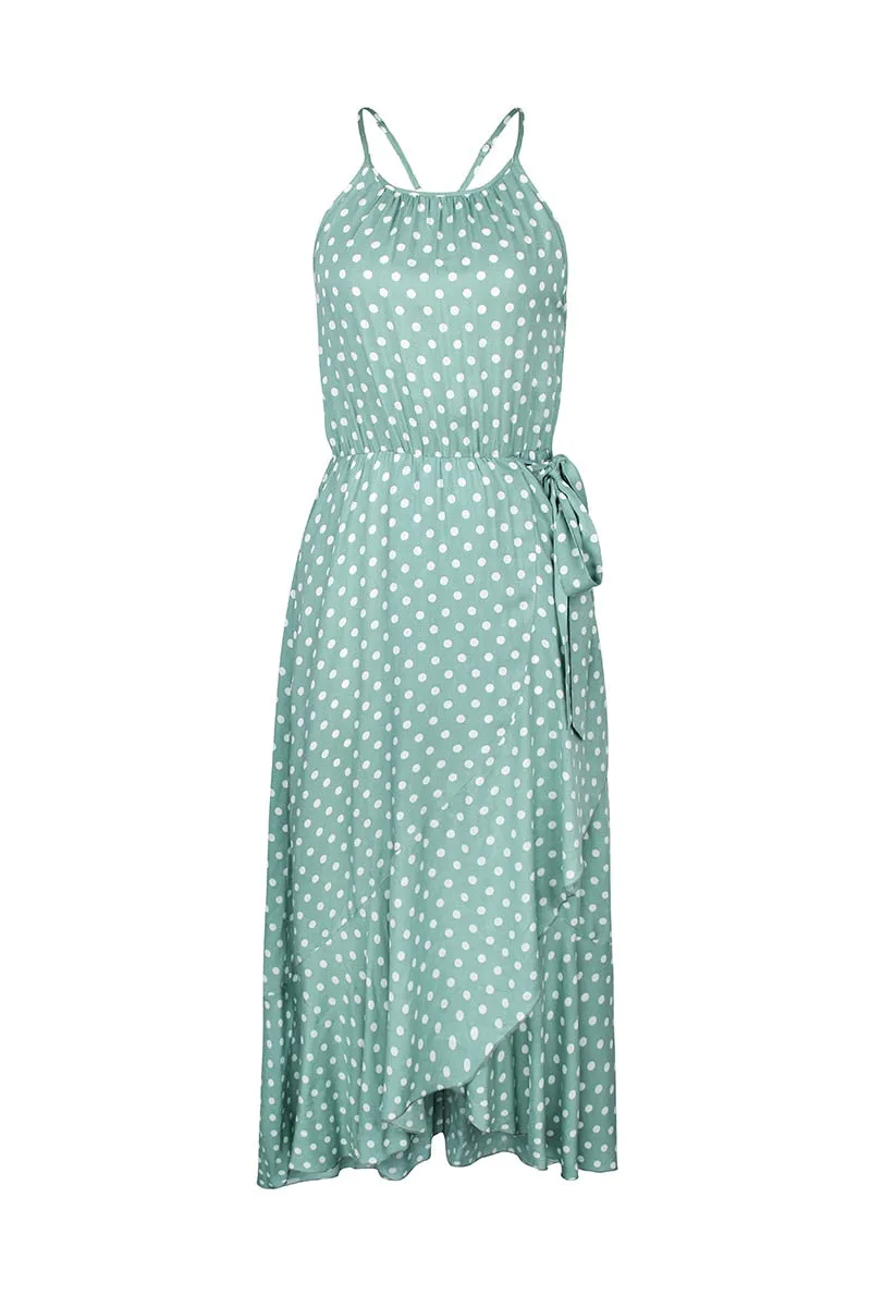 Boho Midi Dress, Strappy Sundress, Devika Green Polka Dot