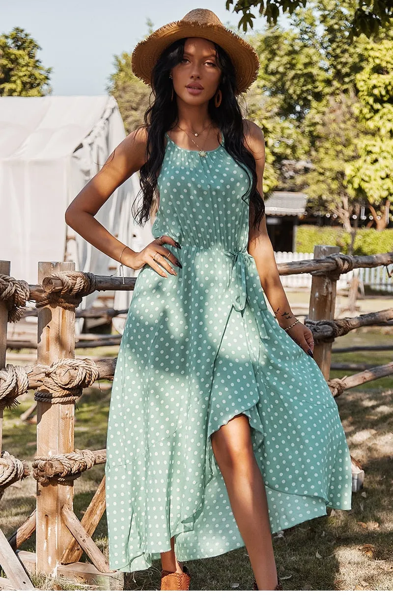 Boho Midi Dress, Strappy Sundress, Devika Green Polka Dot