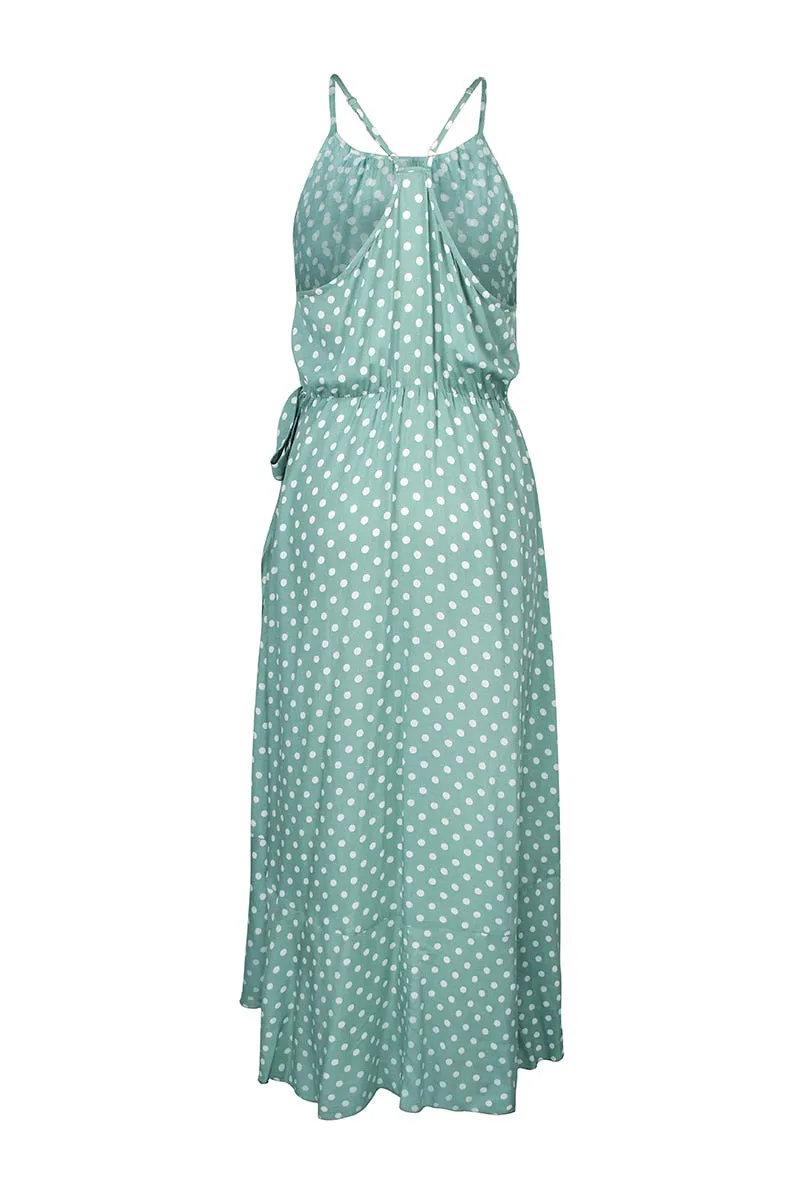Boho Midi Dress, Strappy Sundress, Devika Green Polka Dot