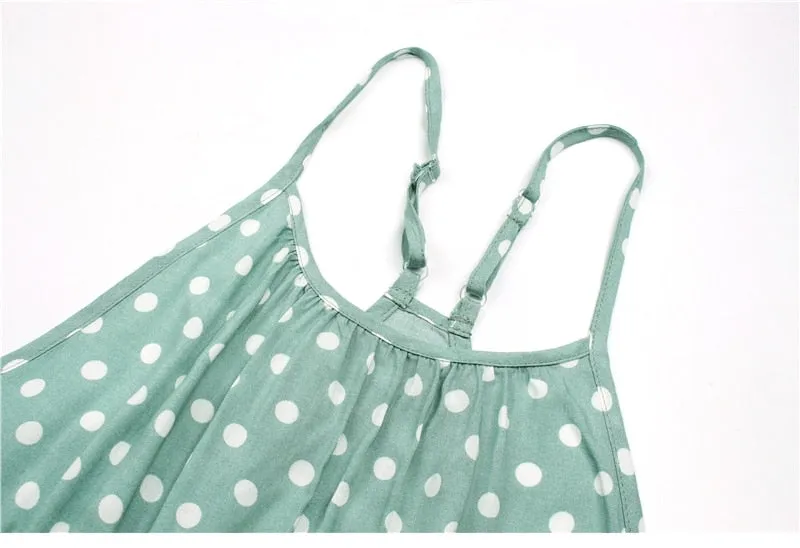 Boho Midi Dress, Strappy Sundress, Devika Green Polka Dot