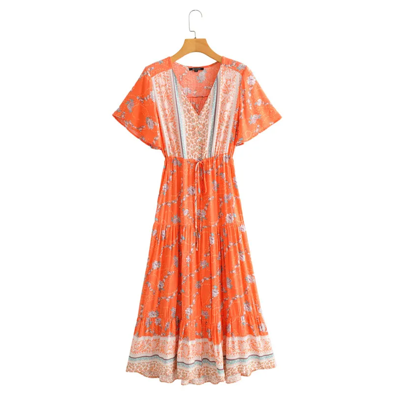 Boho Midi Dress, Sundress, Orange Sundaze