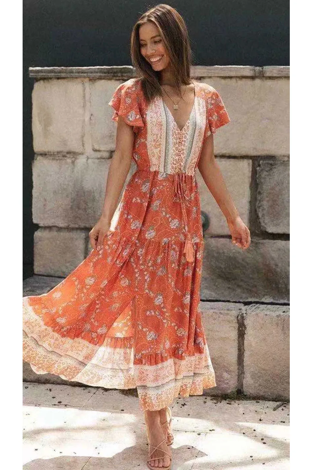 Boho Midi Dress, Sundress, Orange Sundaze