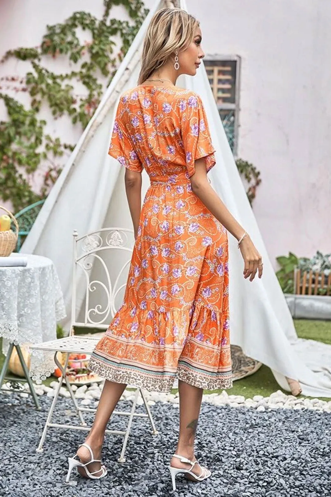 Boho Midi Dress, Sundress, Orange Sundaze