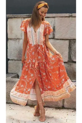 Boho Midi Dress, Sundress, Orange Sundaze