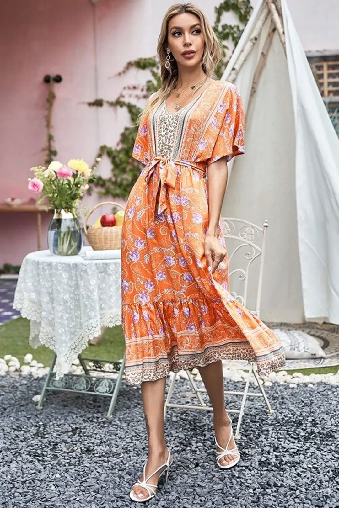 Boho Midi Dress, Sundress, Orange Sundaze