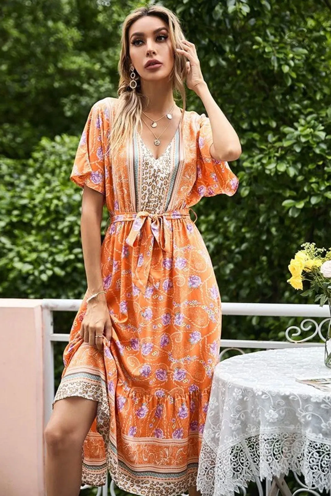 Boho Midi Dress, Sundress, Orange Sundaze