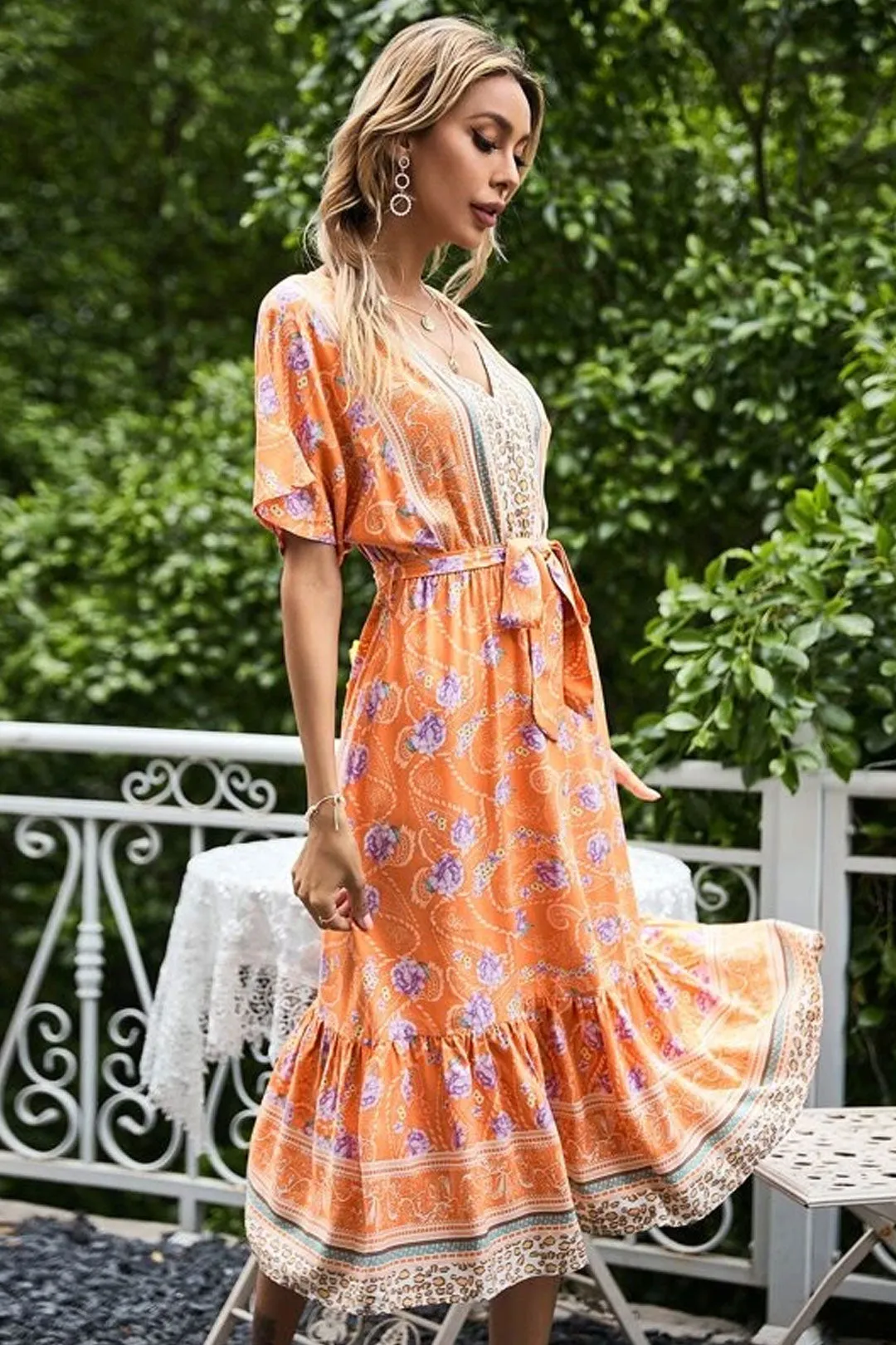 Boho Midi Dress, Sundress, Orange Sundaze