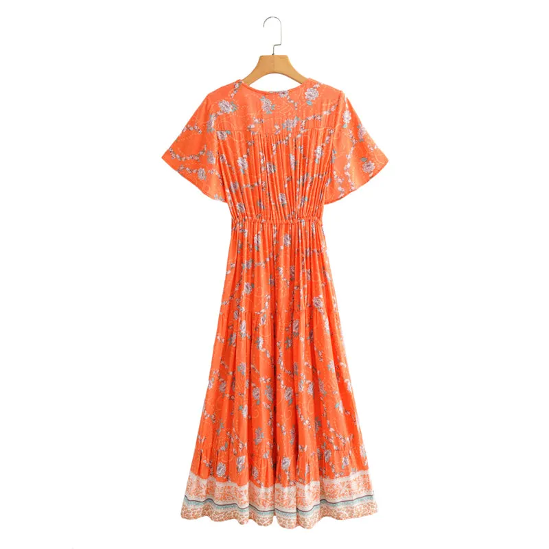 Boho Midi Dress, Sundress, Orange Sundaze