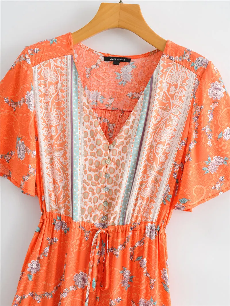 Boho Midi Dress, Sundress, Orange Sundaze