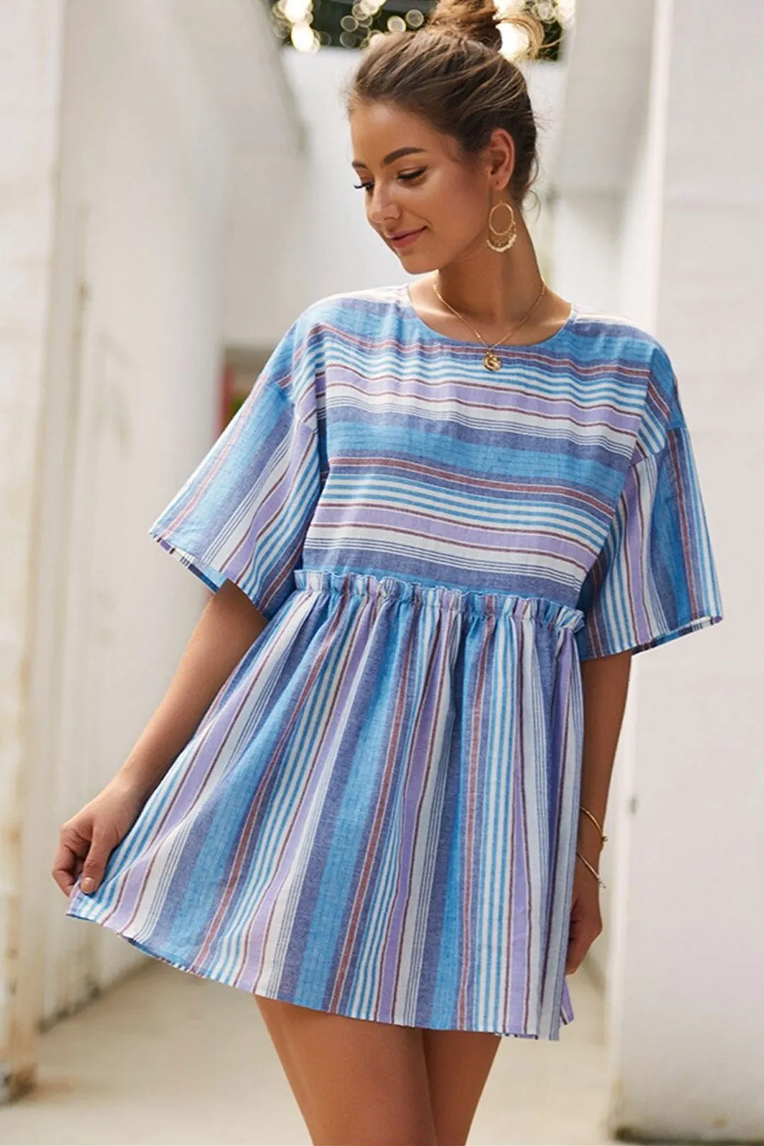 Boho Mini Dress  Sundress, Cotton Stripe in Blue