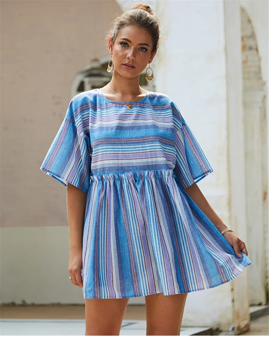 Boho Mini Dress  Sundress, Cotton Stripe in Blue