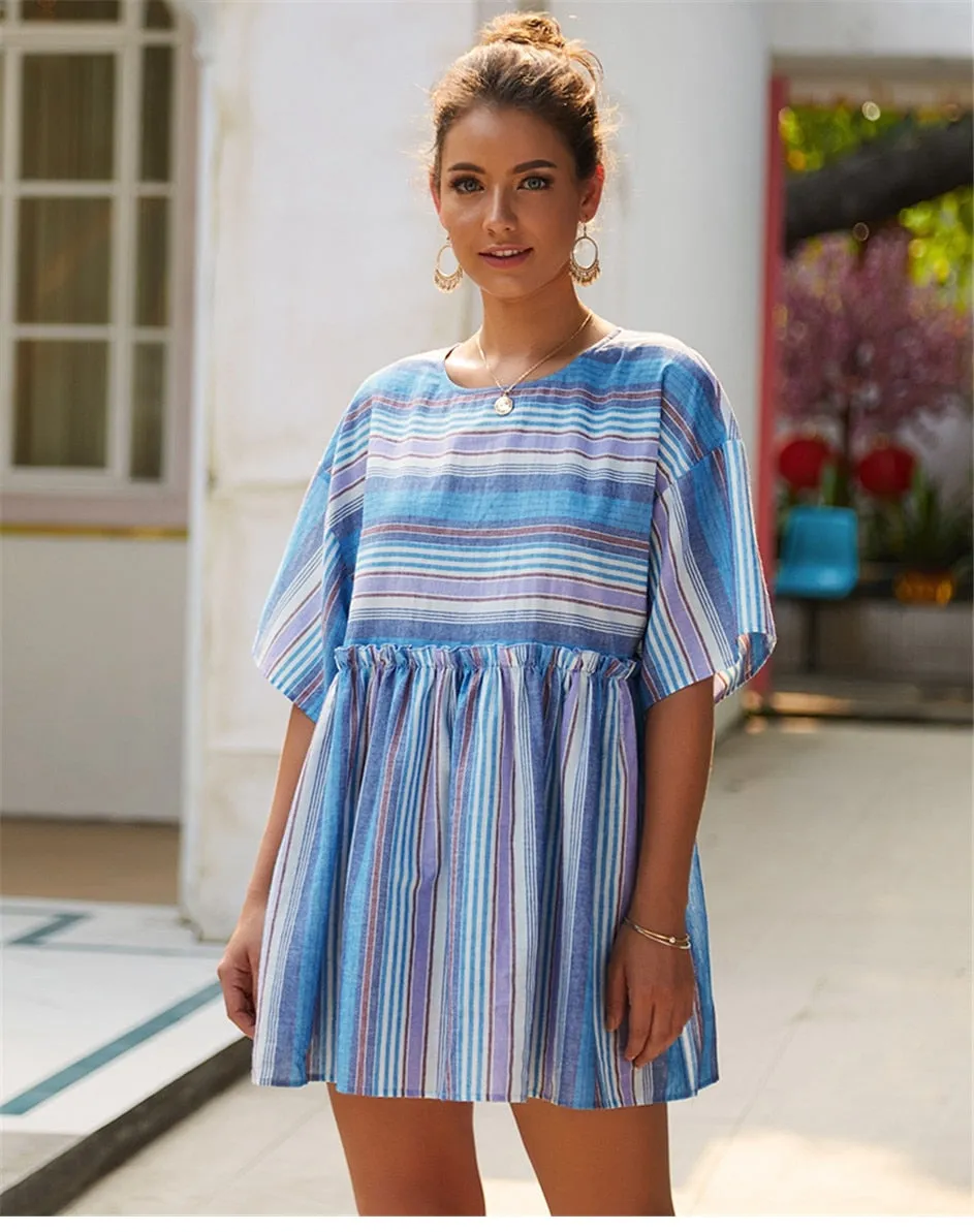 Boho Mini Dress  Sundress, Cotton Stripe in Blue