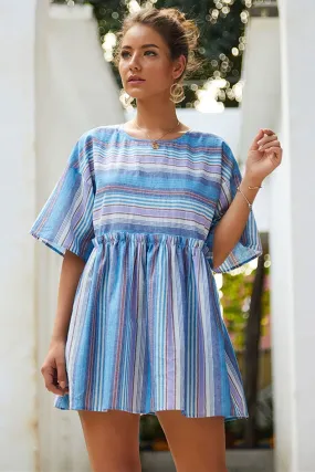 Boho Mini Dress  Sundress, Cotton Stripe in Blue