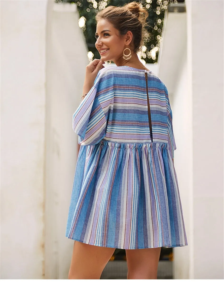 Boho Mini Dress  Sundress, Cotton Stripe in Blue