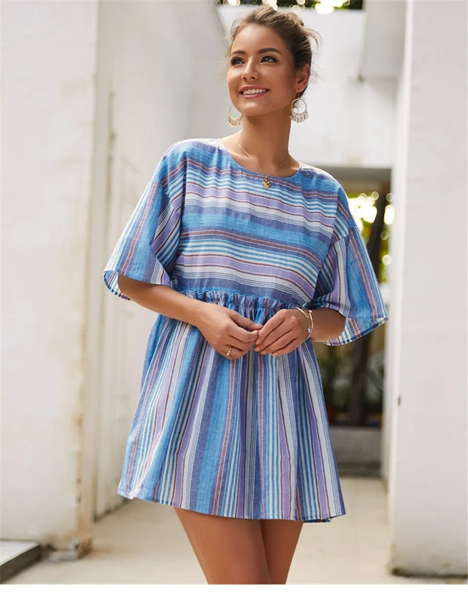 Boho Mini Dress  Sundress, Cotton Stripe in Blue