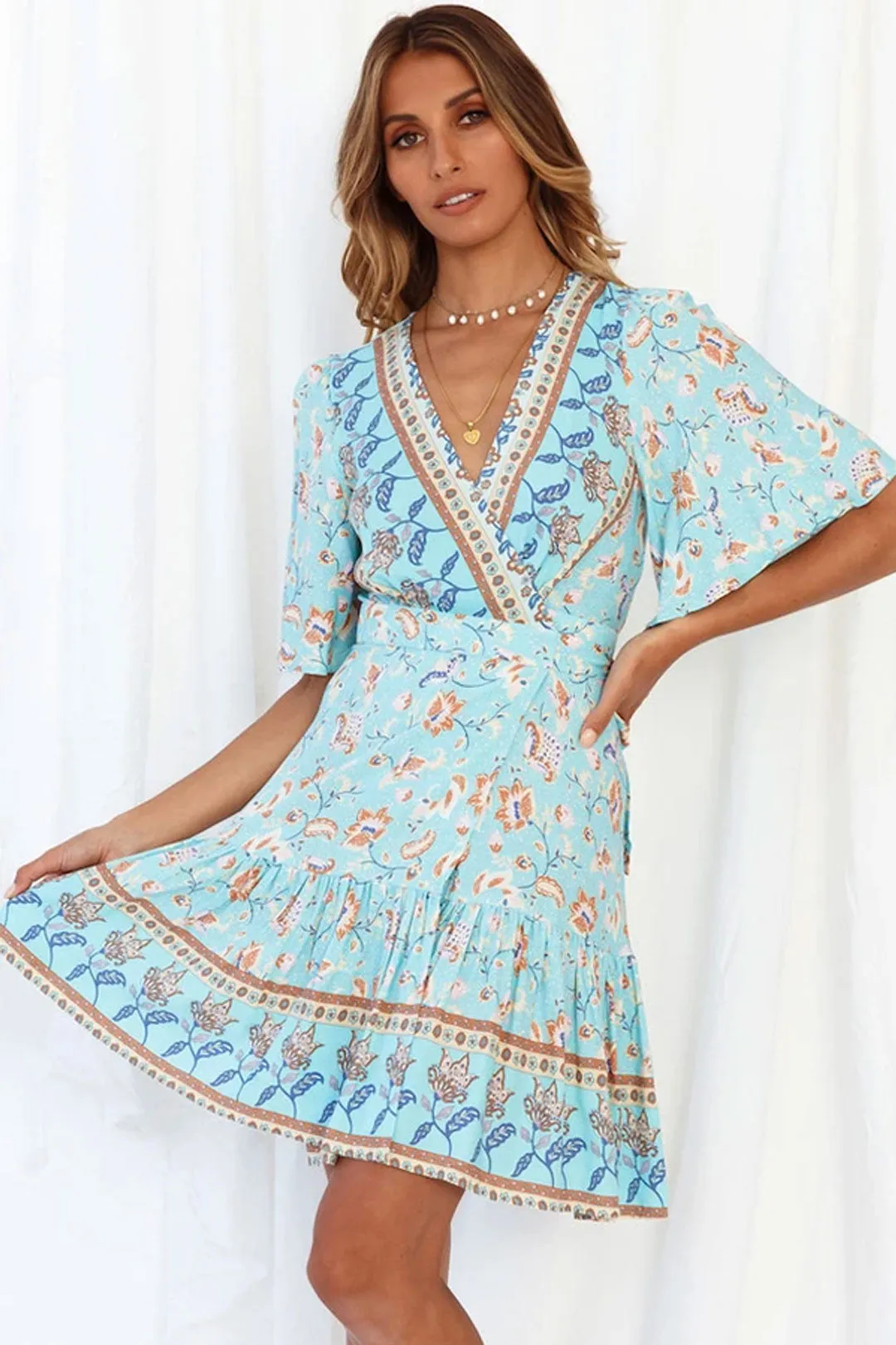 Boho Mini Dress Sundress, Vacation in  River Blue