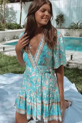 Boho Mini Dress Sundress, Vacation in  River Blue