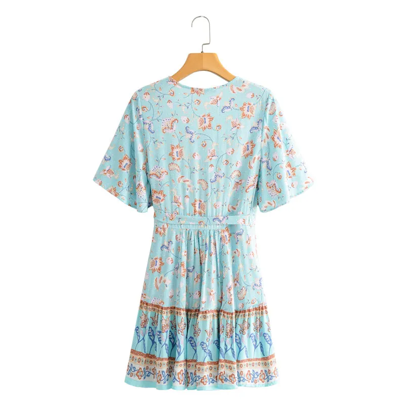 Boho Mini Dress Sundress, Vacation in  River Blue