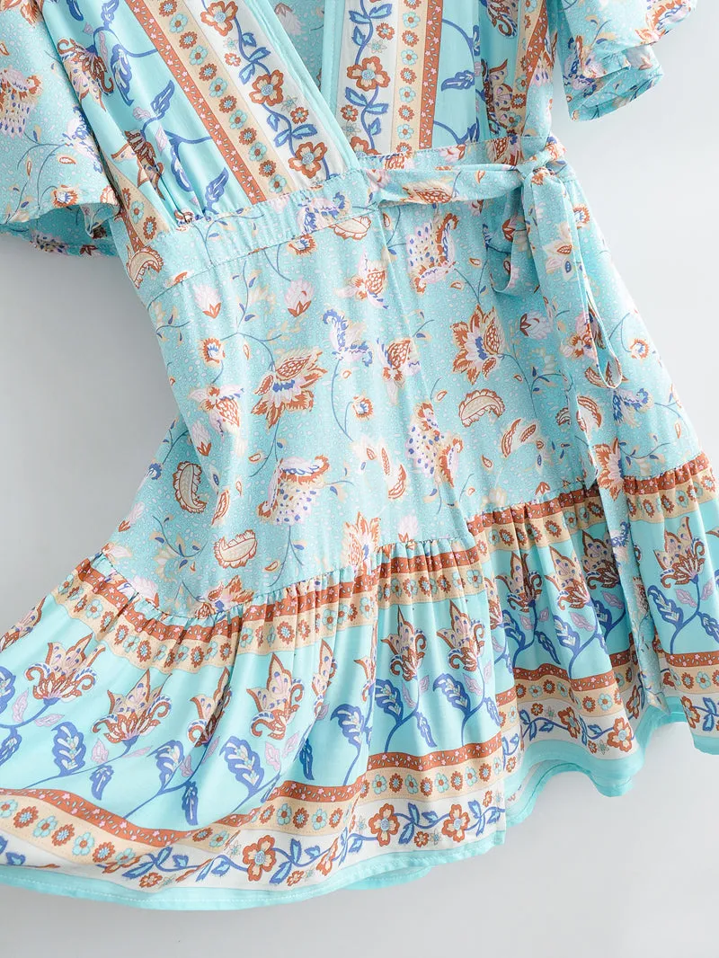 Boho Mini Dress Sundress, Vacation in  River Blue