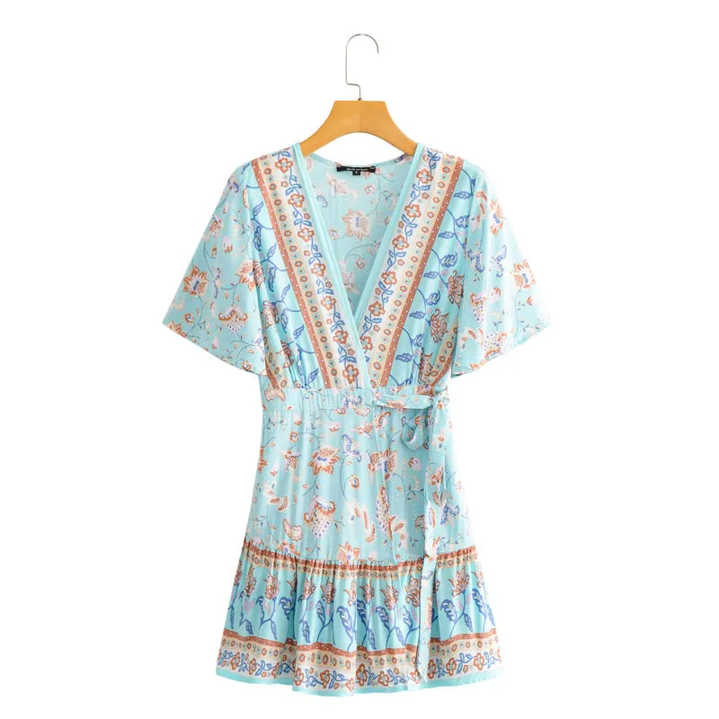 Boho Mini Dress Sundress, Vacation in  River Blue