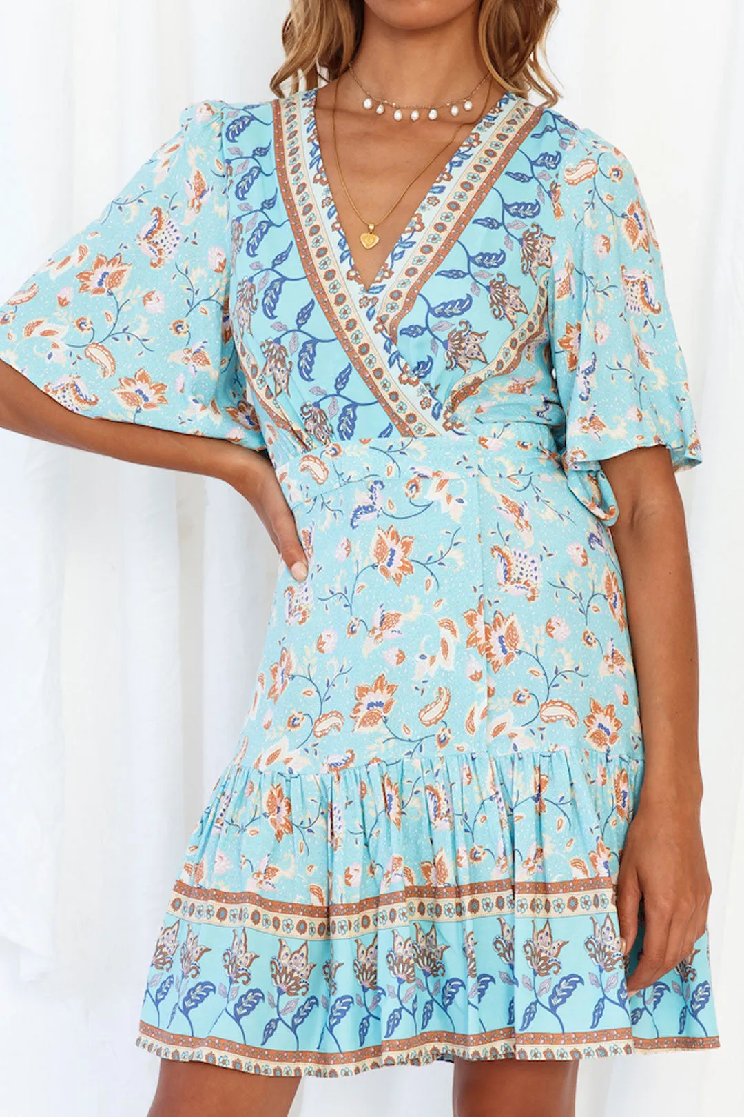 Boho Mini Dress Sundress, Vacation in  River Blue