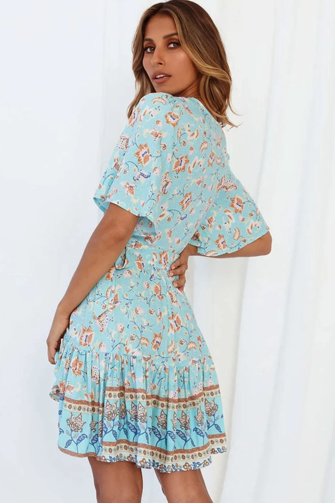 Boho Mini Dress Sundress, Vacation in  River Blue
